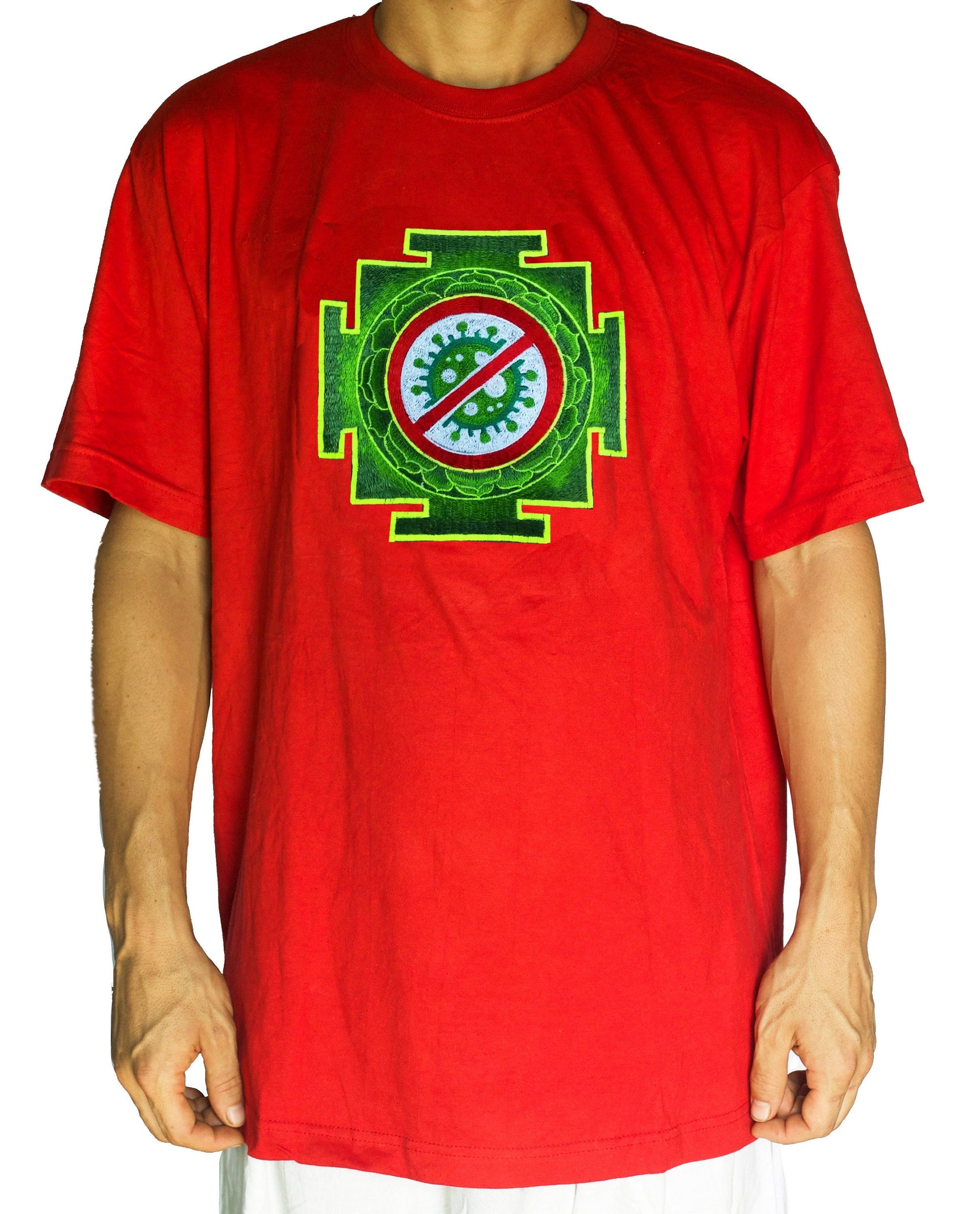 Antivirus T-Shirt Green Yantra in any size and color - sacred healing geometry - my body my choice no vax - with flower of life embroidery