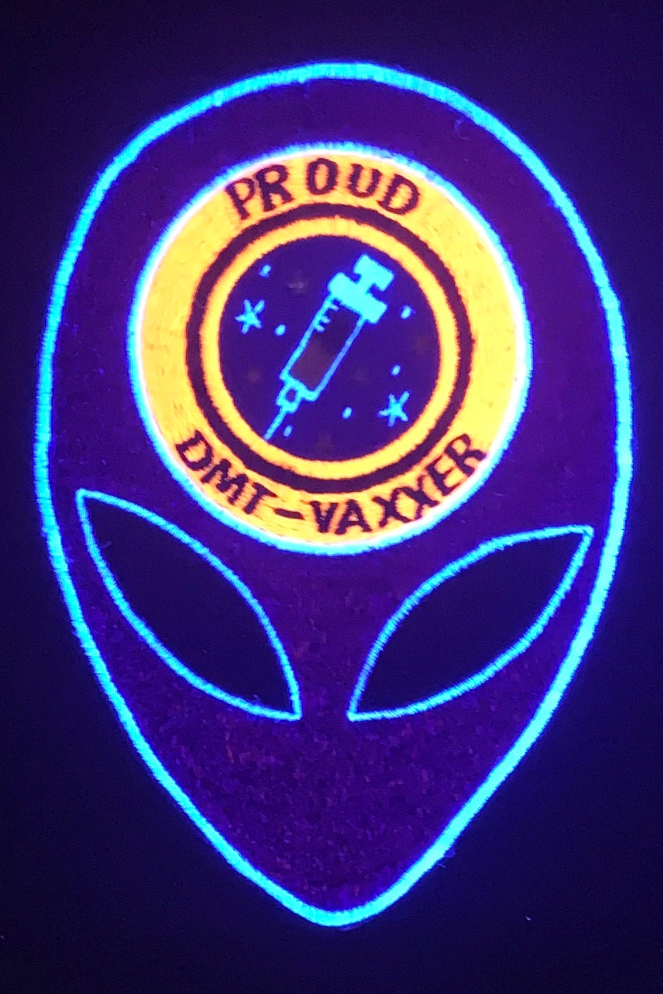 Proud DMT vaxxer Patch psychedelic pink Alien LSD extraterrestrial funny vaccination joke nearby alien dimension glitter embroidery art