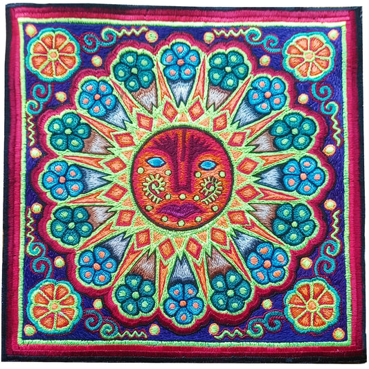 Huichol Peyote Sun embroidery art psychedelic artwork mescaline blacklight glowing colors shamanic sunshine healing mandala
