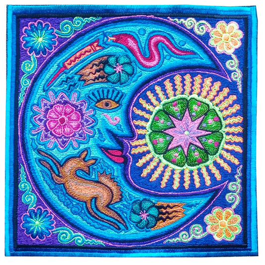 Huichol Blue Moon peyote embroidery art shaman artwork mescaline blacklight glowing magic cactus deer indigene decoration