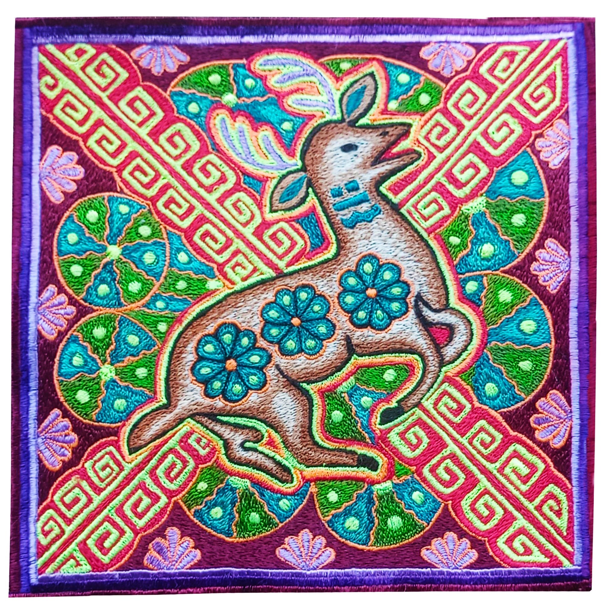 Huichol Magic Deer Peyote embroidery art shaman artwork mescaline blacklight glowing magic cactus indigene decoration UV active shining
