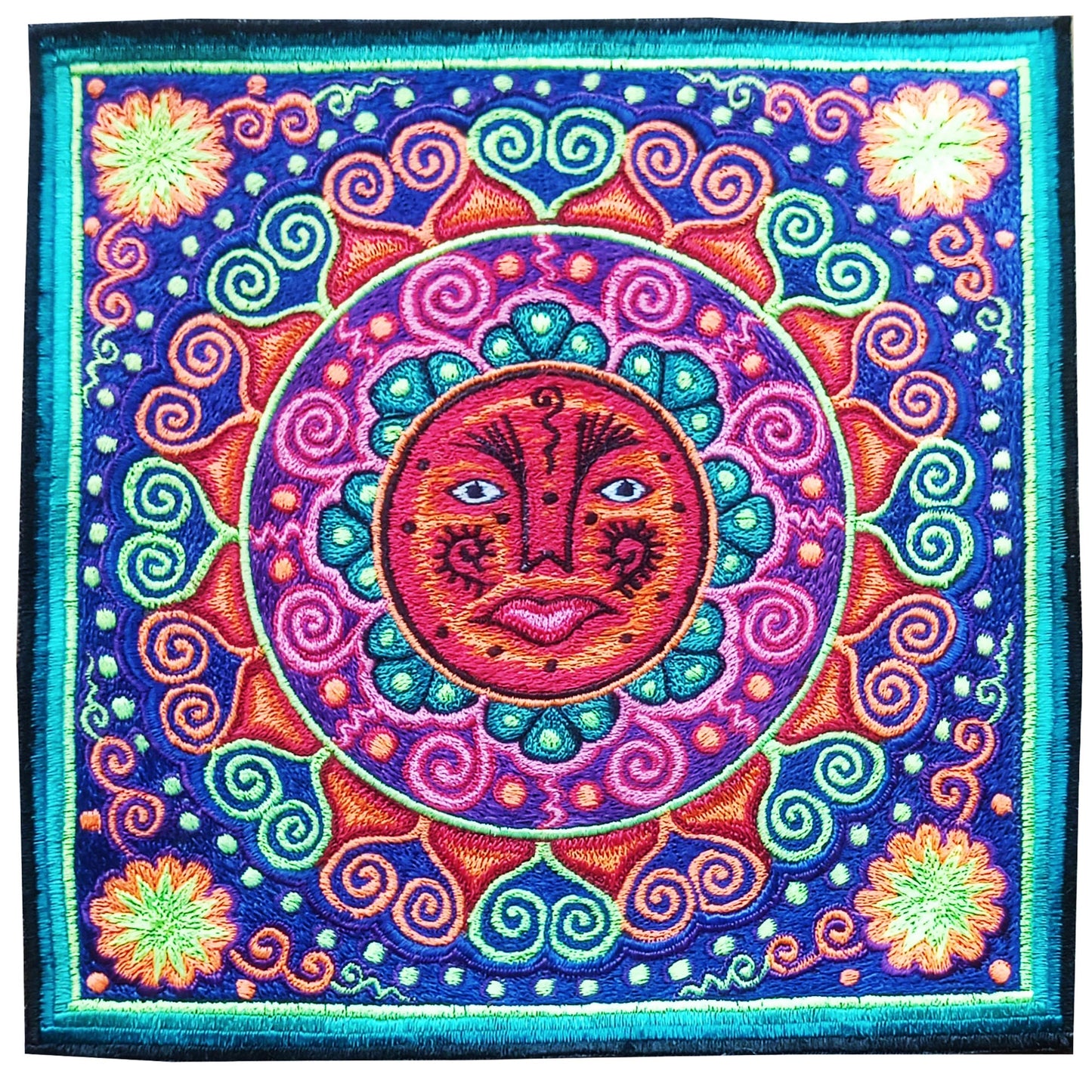Huichol Sun Mandala embroidery art shaman artwork mescaline blacklight glowing magic cactus indigene decoration UV active shining