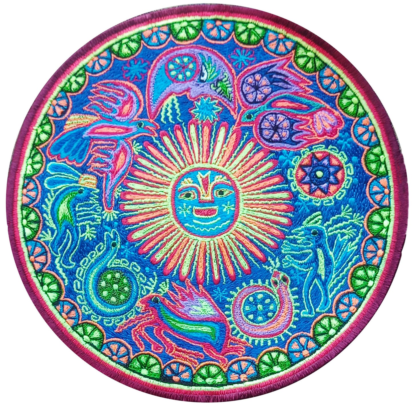 Huichol Peyote Sunshine embroidery art magic cactus artwork mescaline blacklight glowing psychedelic indigene decoration UV active glowing