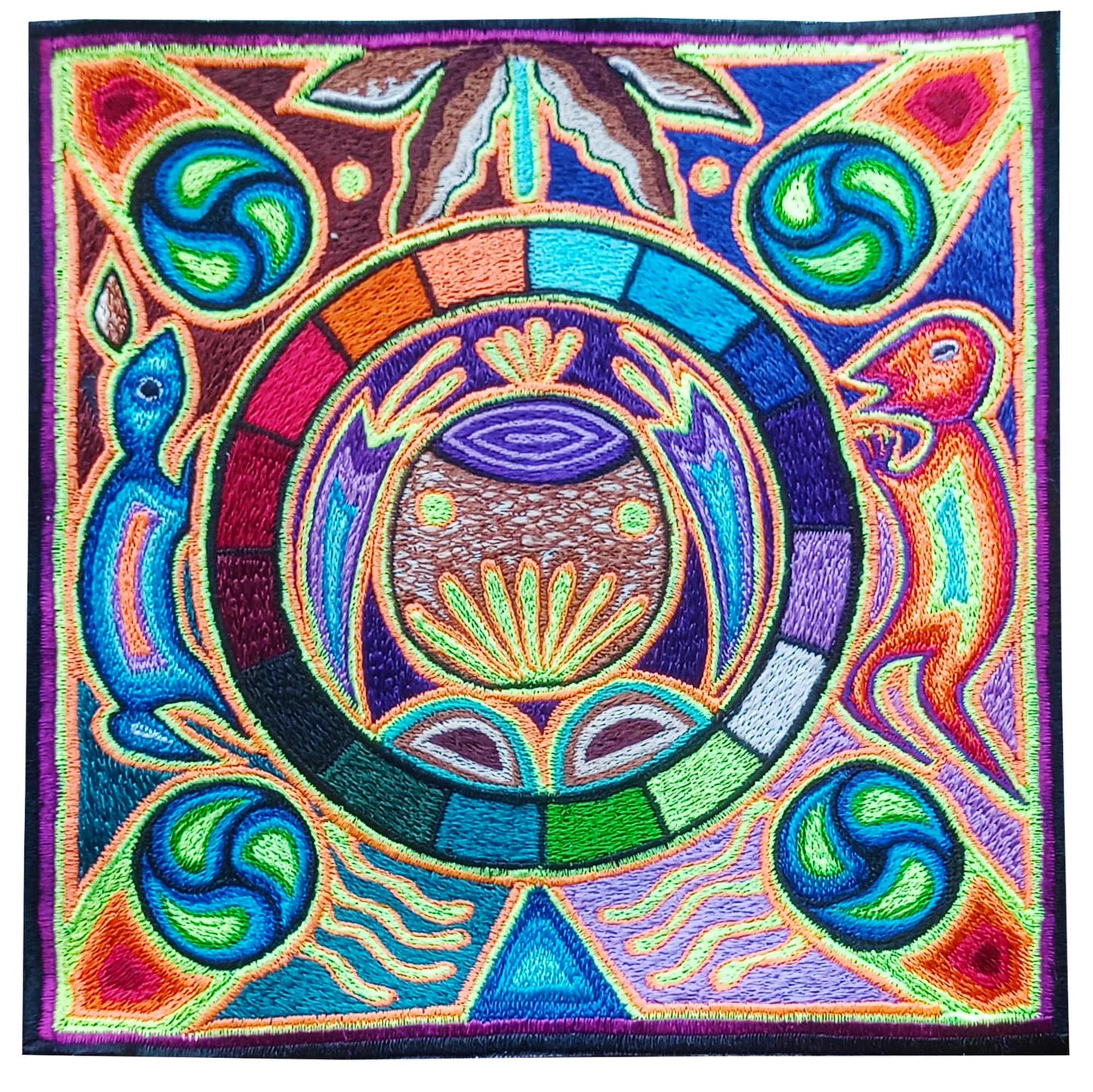 Huichol Peyote Medicine embroidery art shaman artwork mescaline blacklight glowing magic cactus indigene decoration UV active shining