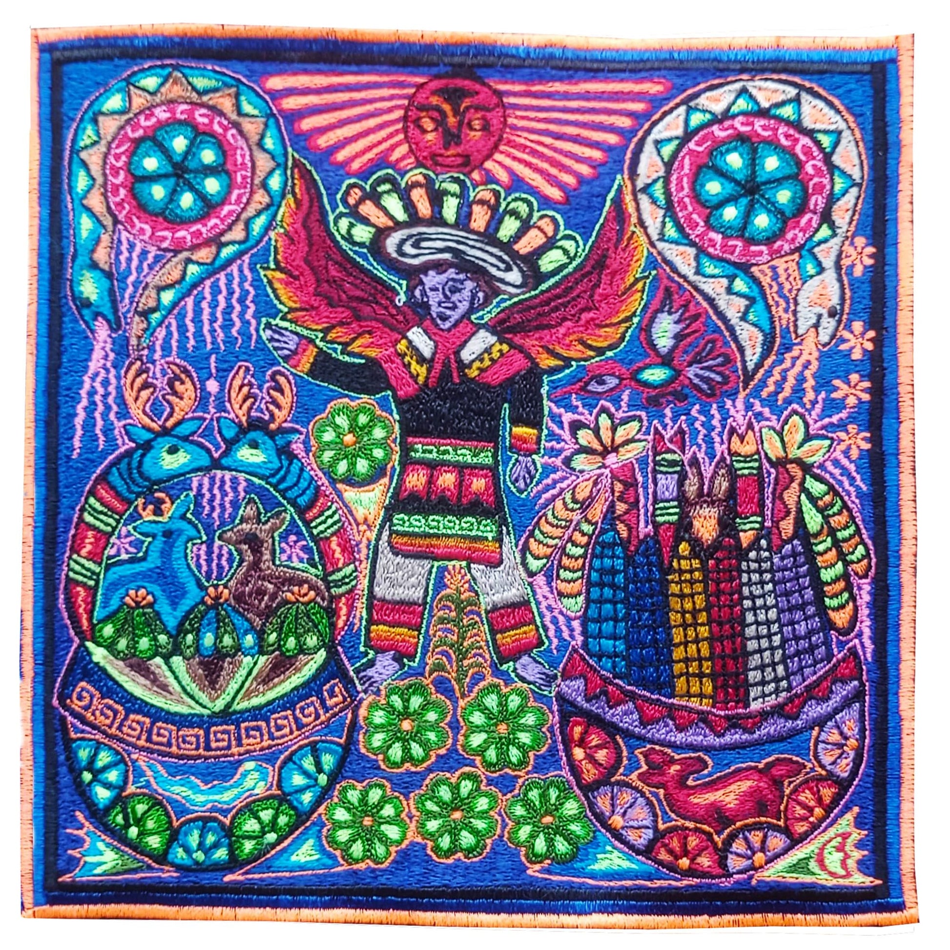 Huichol Shaman embroidery art magic cactus ceremony artwork mescaline blacklight glowing psychedelic indigene decoration UV active shining