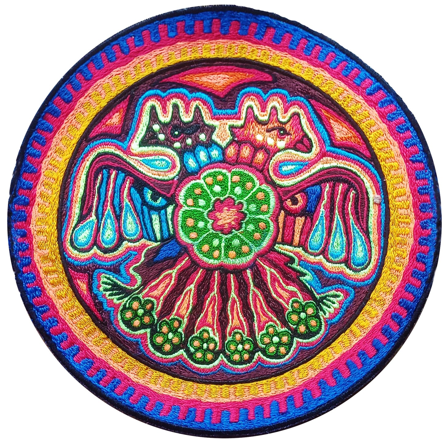 Huichol Peyote Eagle embroidery art magic cactus artwork mescaline blacklight glowing psychedelic indigene decoration UV active glowing