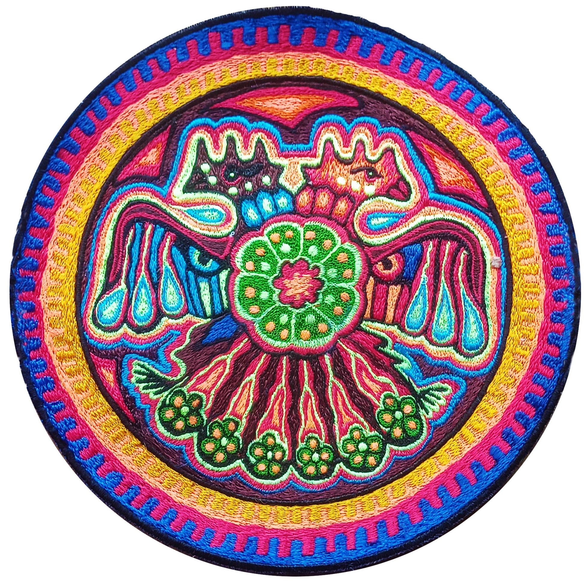 Huichol Peyote Eagle embroidery art magic cactus artwork mescaline blacklight glowing psychedelic indigene decoration UV active glowing