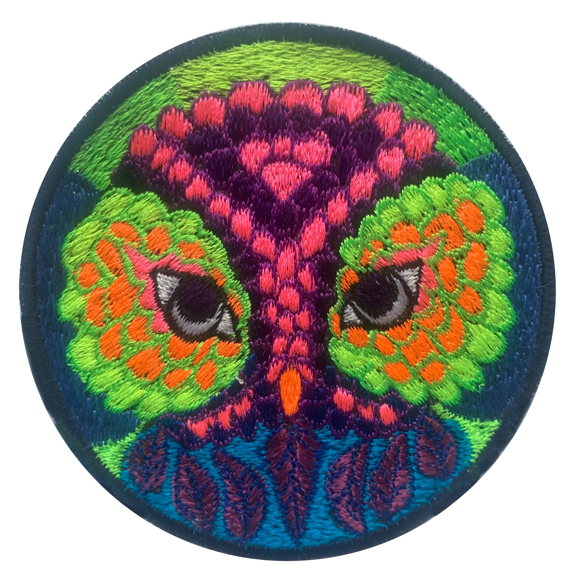 psychedelic Owl embroidery patch - blacklight glowing UV colors - beautiful owl which looks like a tree from the magic forest
