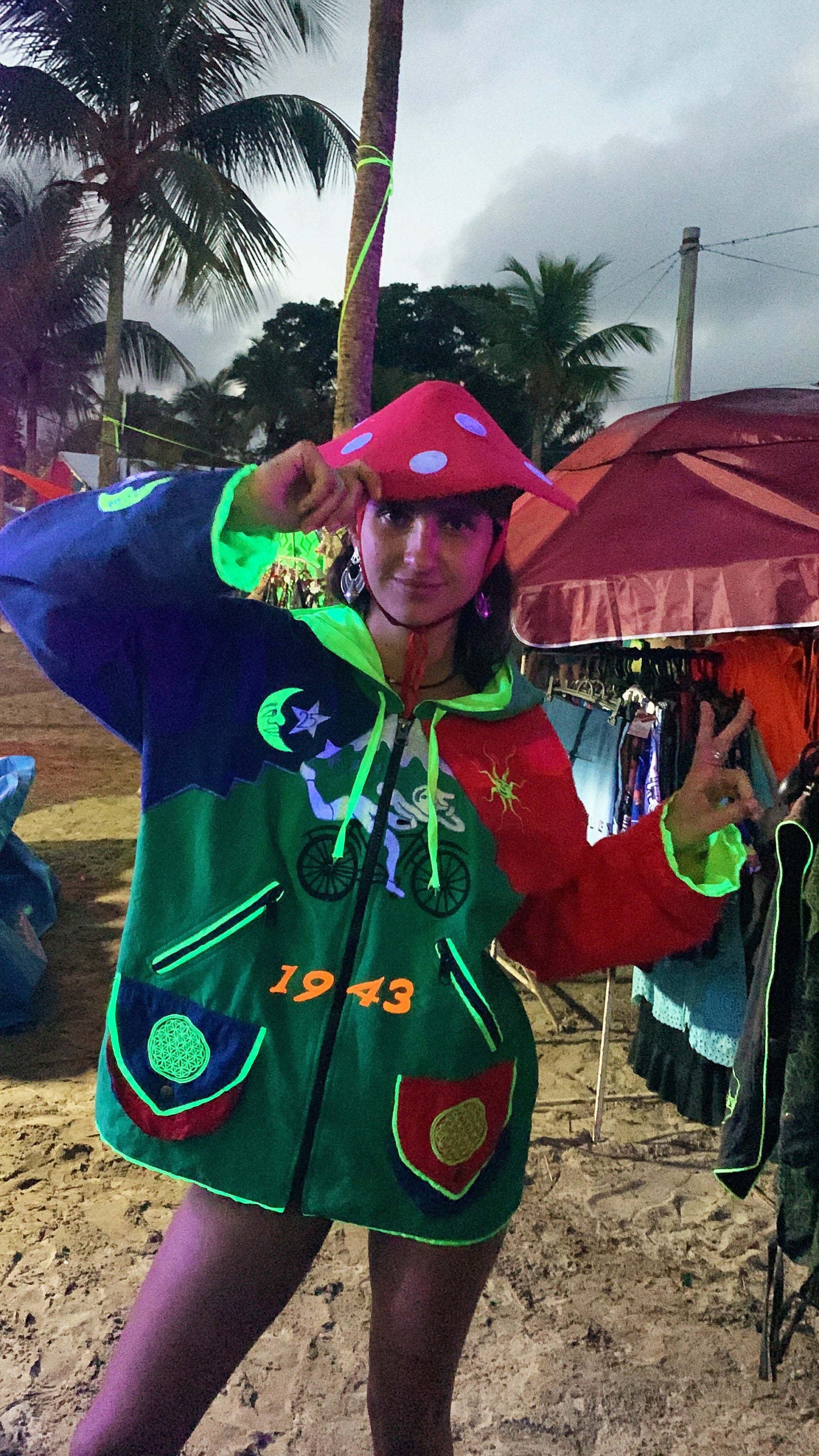 Albert Hofmann Bicycle Day UV jacket - handmade in any size - blacklight active 4 pockets with hoody and flower of life embroidery