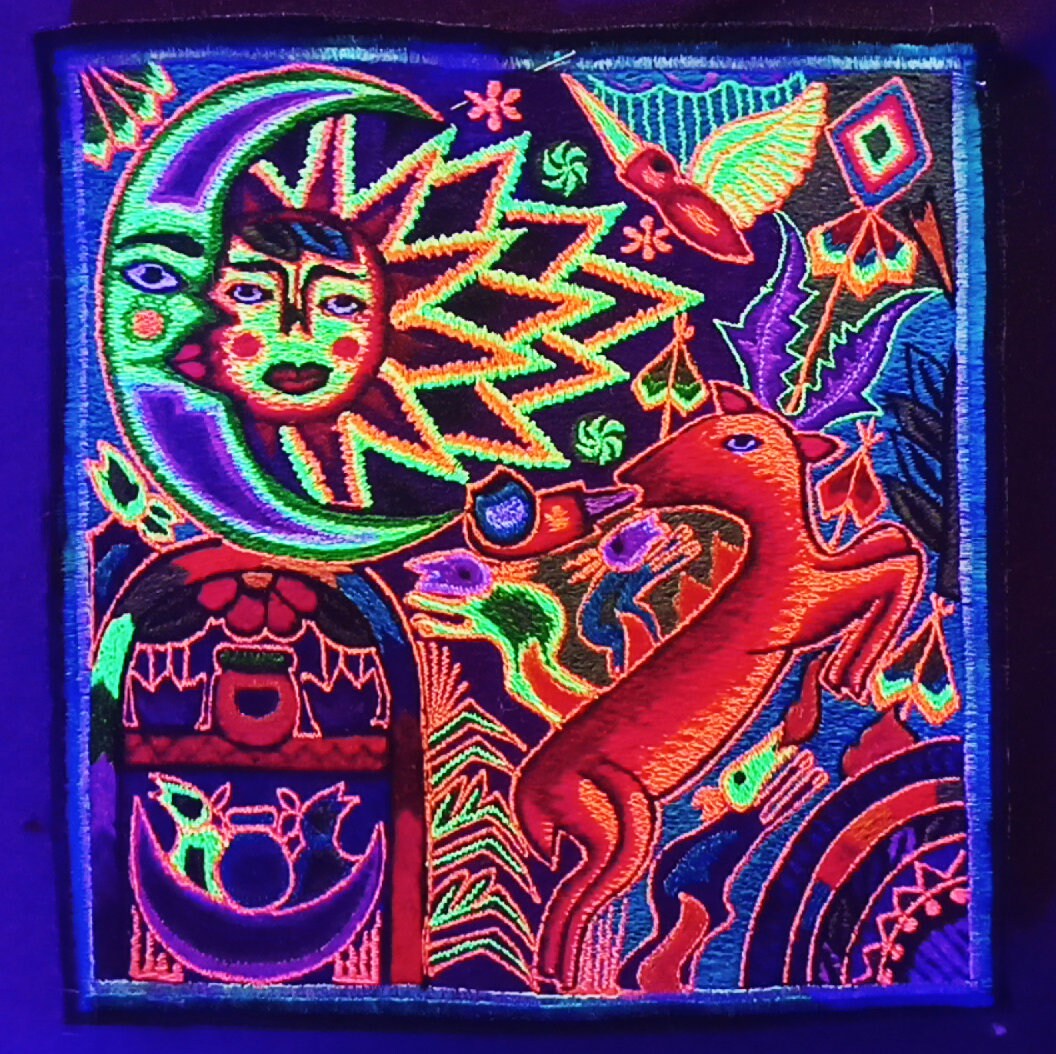 Huichol "Sun Deer" peyote embroidery patch shaman artwork mescaline blacklight glowing colors