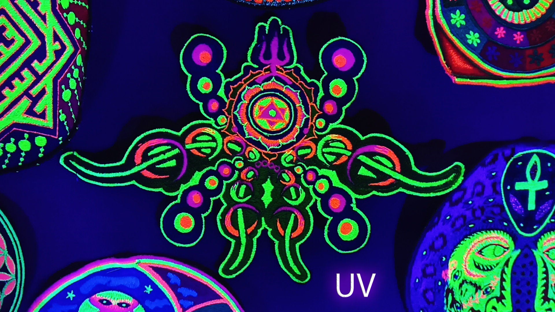 Hyperspace alien embroidery DMT being blacklight glowing UV active psychedelic patch