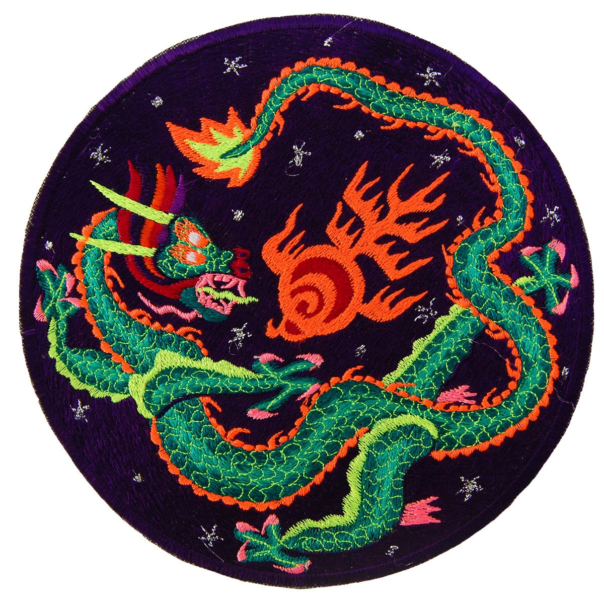 Dragon mandala embroidery patch blacklight active handmade art comet asteroid meteor