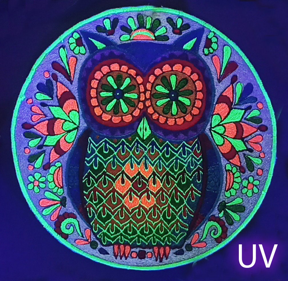The Psychedelic Rainbow Owl embroidery patch blacklight active handmade masterpiece art