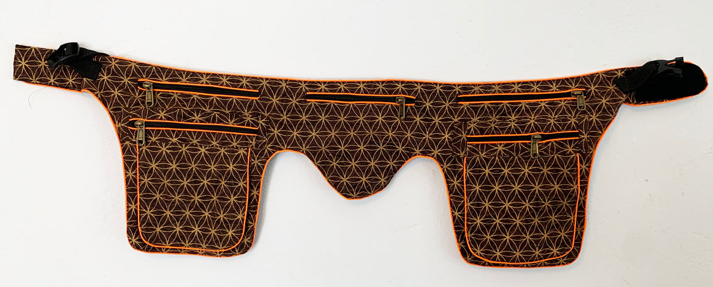 Flower of Life Beltbag - 7 pockets, strong ziplocks, size adjustable with hook & loop and clip - UV orange blacklight active outlines