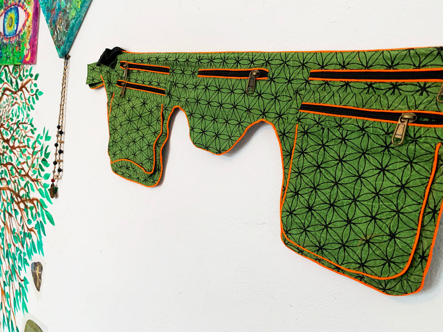Flower of Life Beltbag - 7 pockets, strong ziplocks, size adjustable with hook & loop and clip - UV orange blacklight active outlines