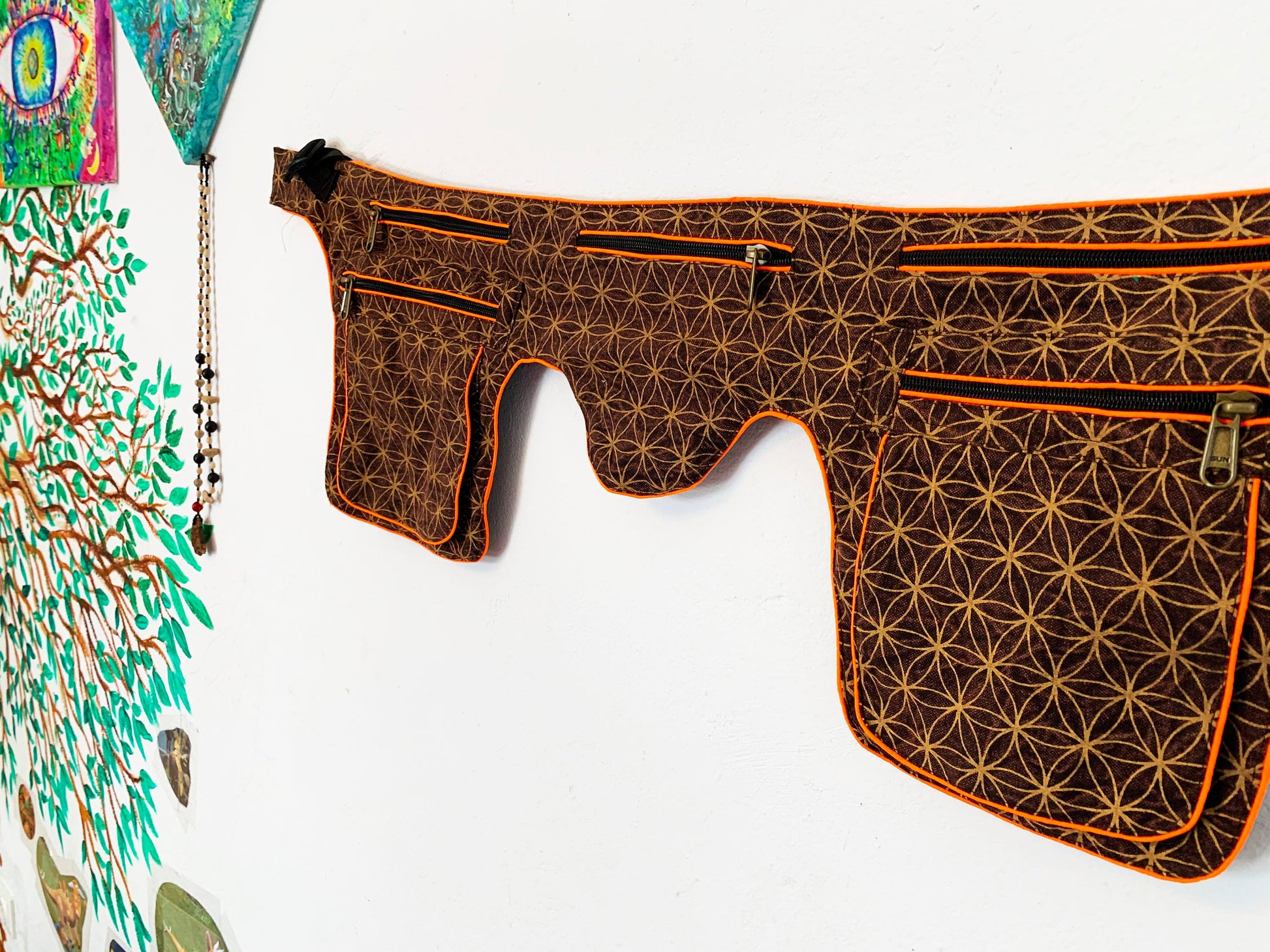 Flower of Life Beltbag - 7 pockets, strong ziplocks, size adjustable with hook & loop and clip - UV orange blacklight active outlines