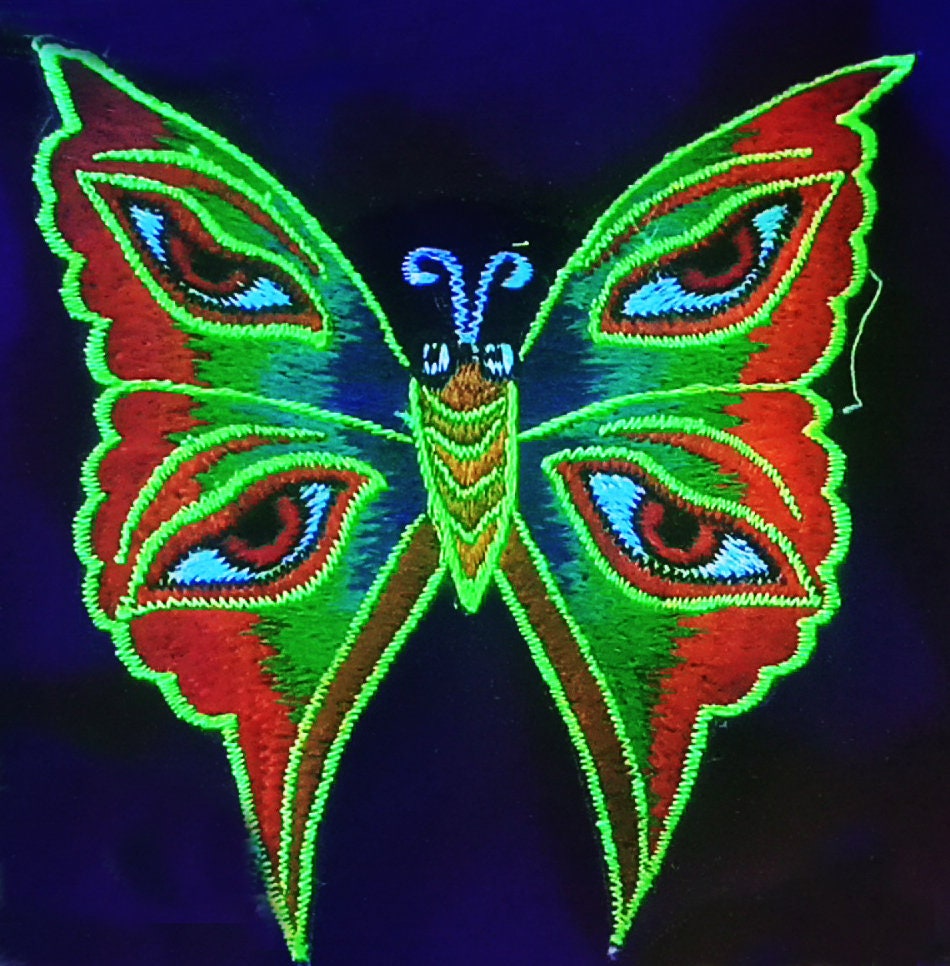 Rainbow Butterfly Buddha Eyes embroidery patch small size Goa Trance psychedelic consciousness beauty Psytrance Art handmade blacklight UV