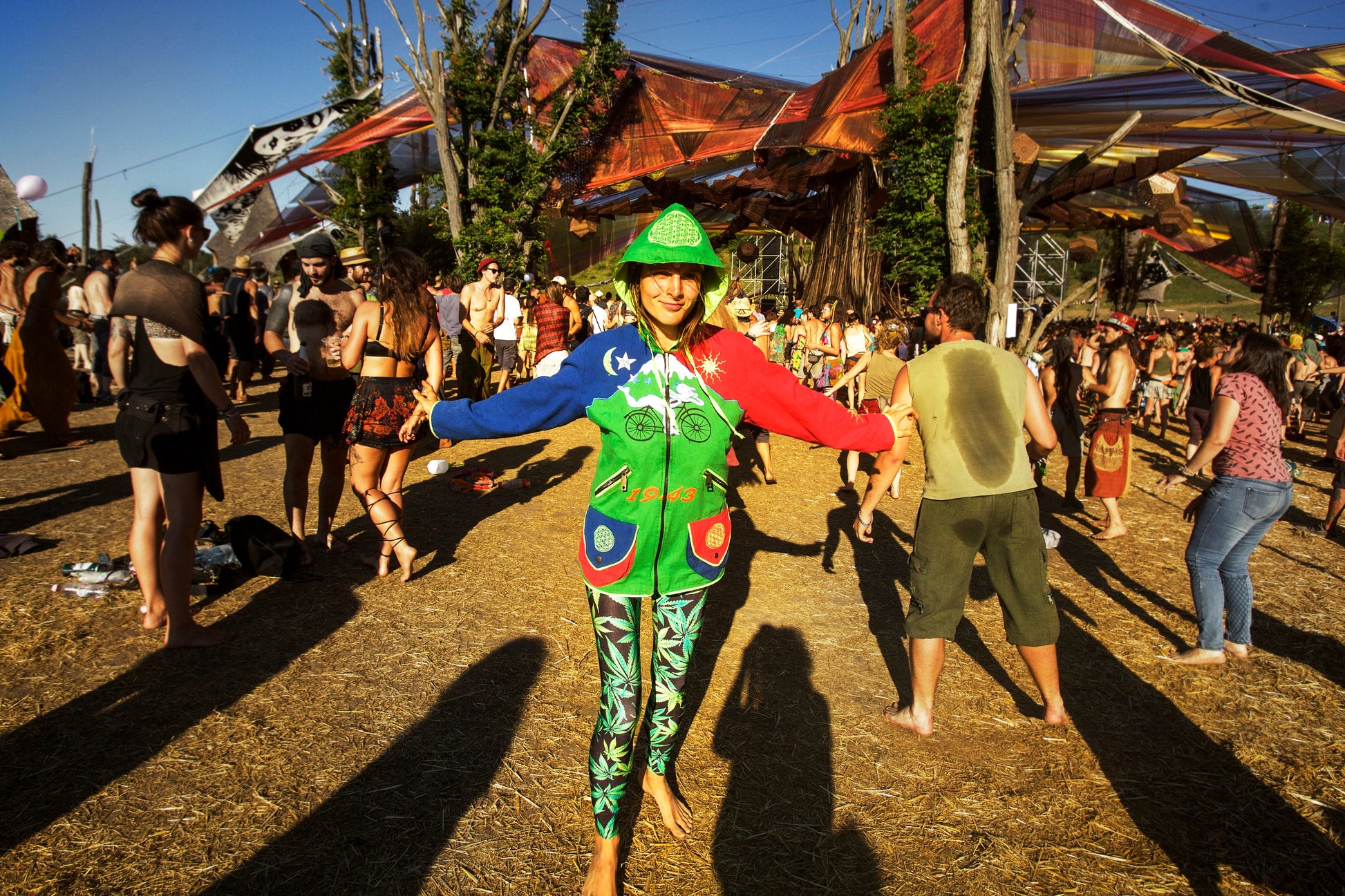 Albert Hofmann Bicycle Day UV jacket - handmade in any size - blacklight active 4 pockets with hoody and flower of life embroidery