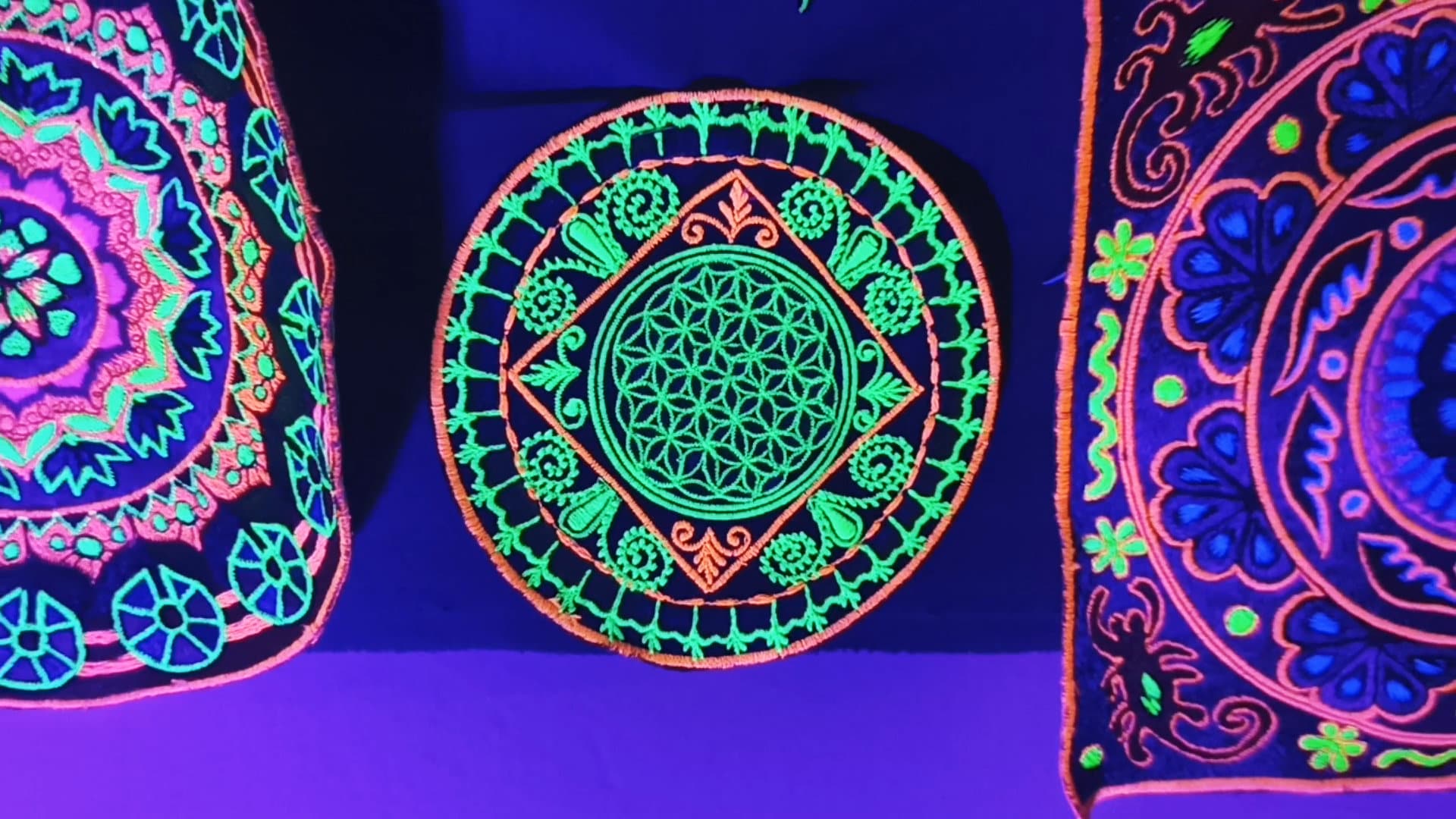 green fractal flower of life patch medium size - blacklight glowing handmade embroidery sacred geometry mandala