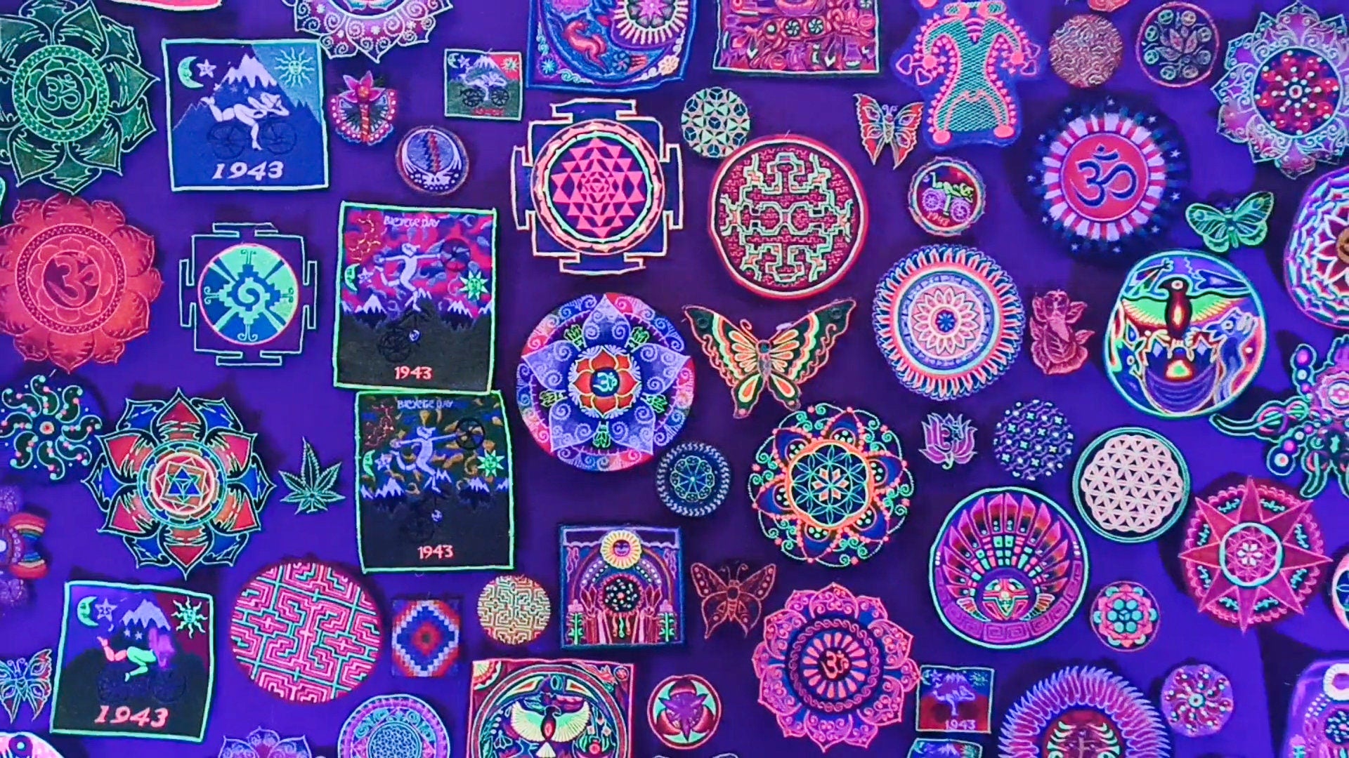 Sacred AUM Tankar Mandala Embroidery Patch UV glowing fractal rainbow cosmic music art Goa Trance Psychedelic OM Yantra