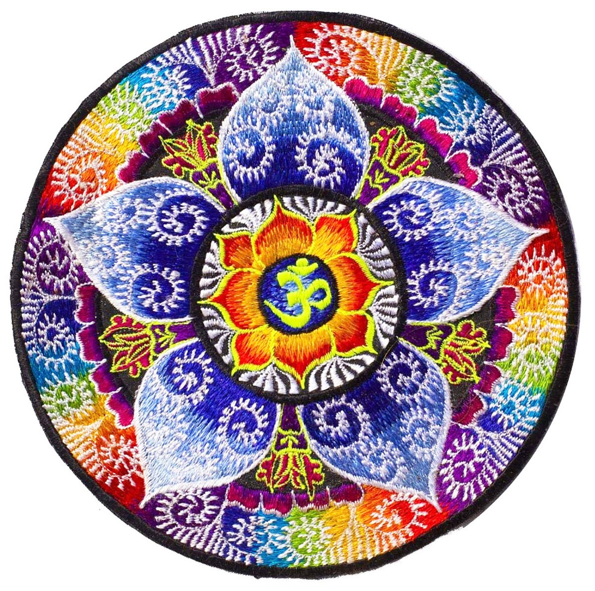 Sacred AUM Tankar Mandala Embroidery Patch UV glowing fractal rainbow cosmic music art Goa Trance Psychedelic OM Yantra