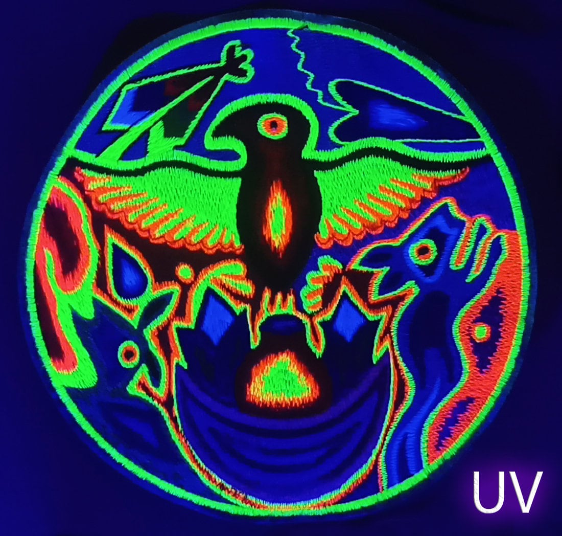 Huichol Peyote Embroidery Shamanic Art Eagle Bird patch indigene mescaline Masterpiece blacklight glowing beauty UV active Magic Cactus