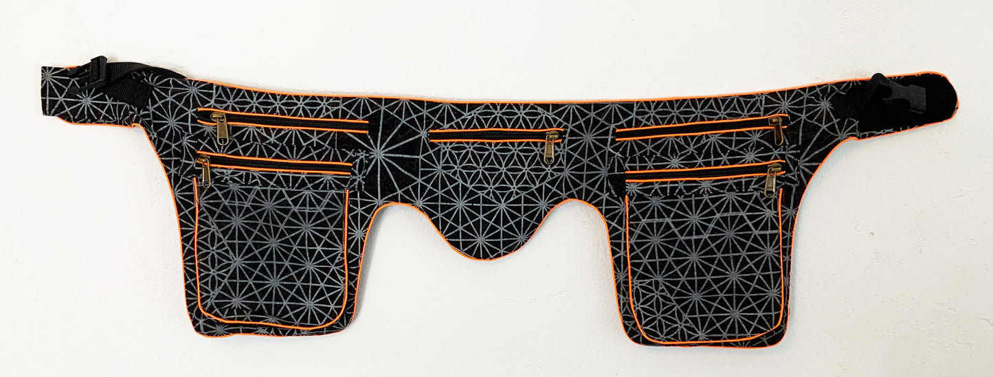 Asanoha Flower of Life Beltbag - 7 pockets, strong ziplocks, size adjustable with hook & loop and clip - UV blacklight active outlines