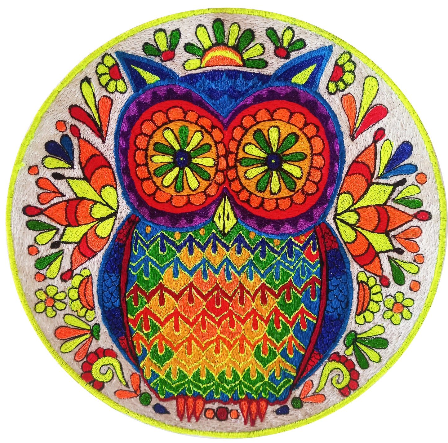 The Psychedelic Rainbow Owl embroidery patch blacklight active handmade masterpiece art