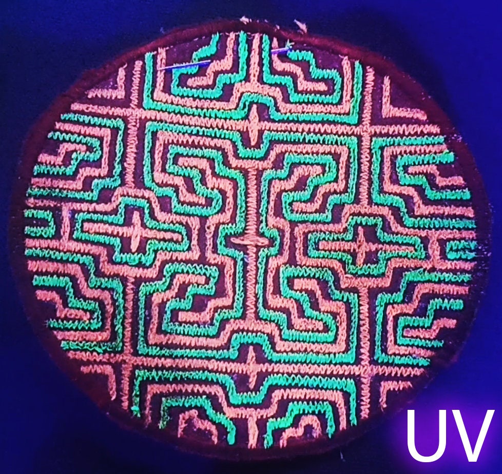 Ayahuasca patch visionary DMT indigene artwork embroidery with UV blacklight glowing effect colors for sew on Shipibo Conibo art
