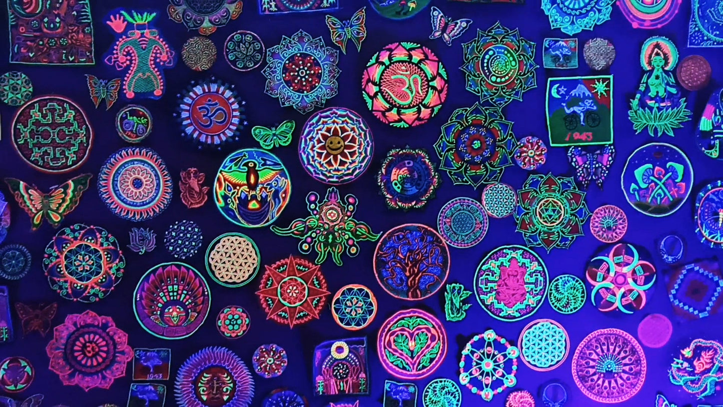 UV Blacklight Aum Mandala Embroidery Cosmic Music Goa Trance Festival OM Psytrance Big Size Patch with maximum neon glowing effect