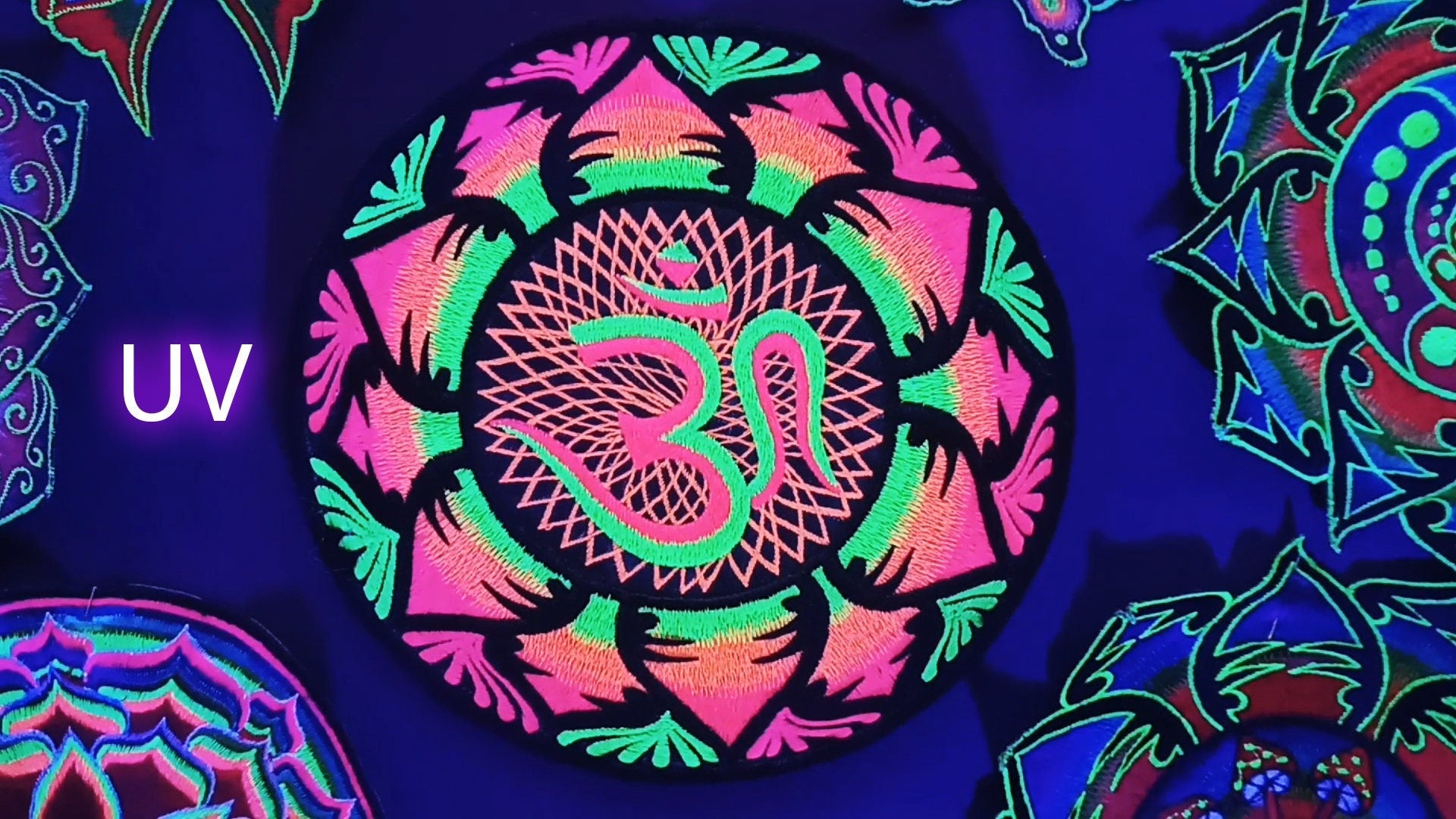 UV Blacklight Aum Mandala Embroidery Cosmic Music Goa Trance Festival OM Psytrance Big Size Patch with maximum neon glowing effect