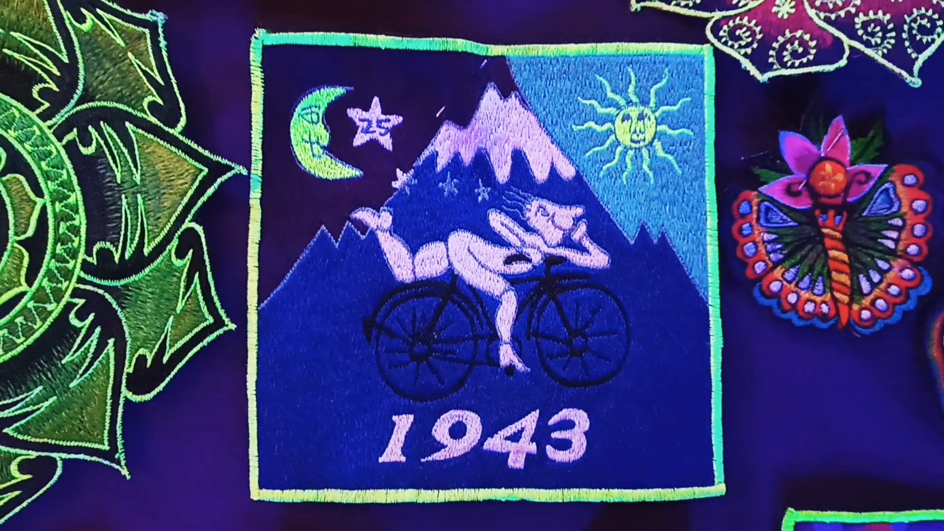 Blue Bicycle Day blacklight LSD Cult Patch Albert Hofmann 1943 Psychedelic Sunshine Acid Trip Hippie Visionary Drug Cosmic Healing Medicine