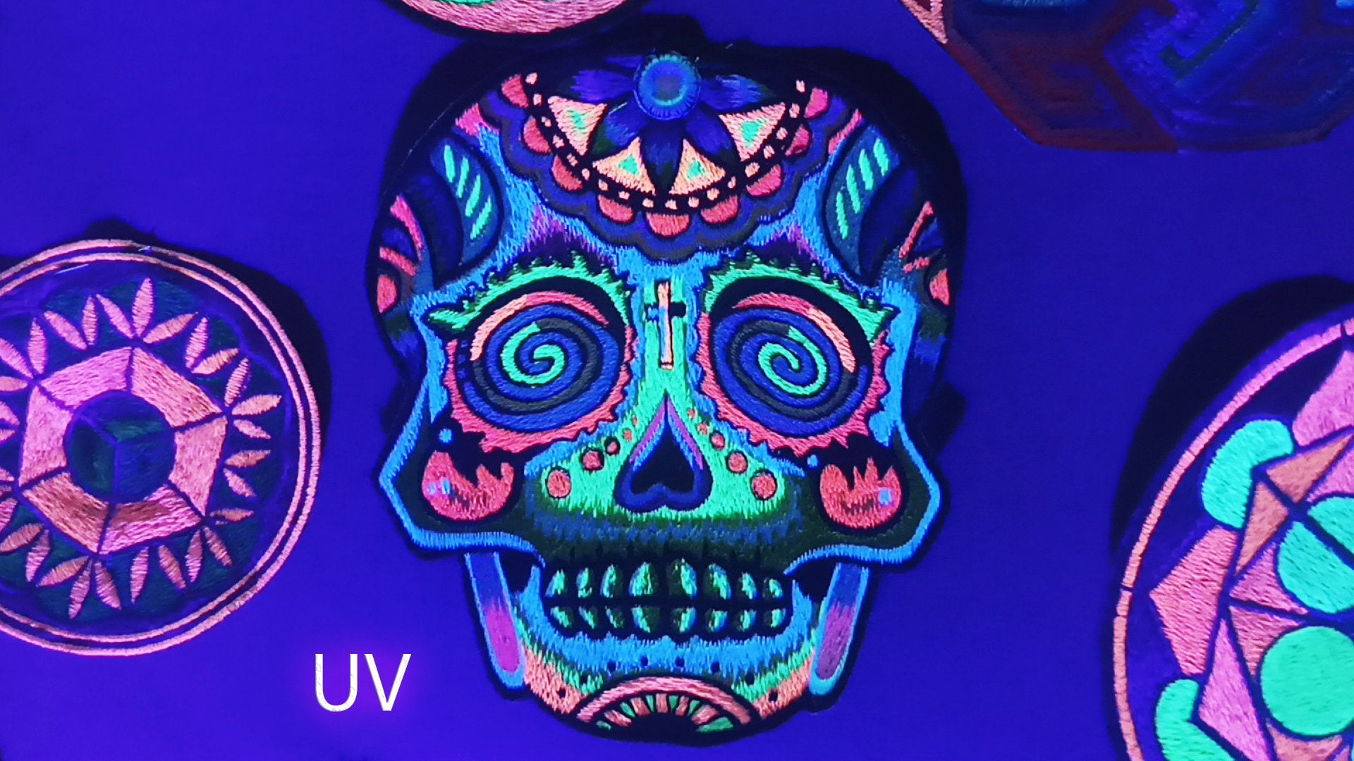 Spiral skull T-Shirt with mirror blacklight handmade embroidery no print goa psy t-shirt
