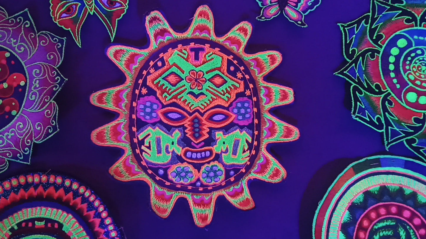 Huichol Sun Mask T-Shirt tribal shaman design blacklight handmade embroidery no print