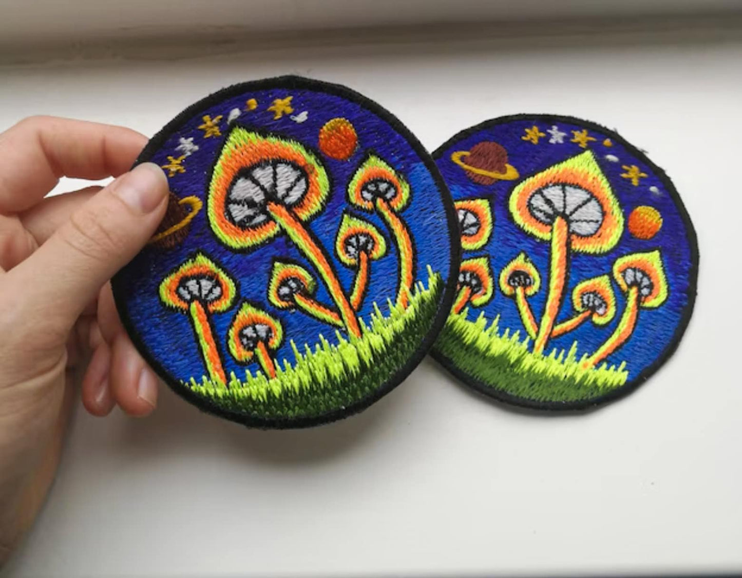 Magic Mushroom patch 3.5 inch size psilocybin planet shroom blacklight glowing sew on embroidery psychedelic goapatch Maria Sabina art