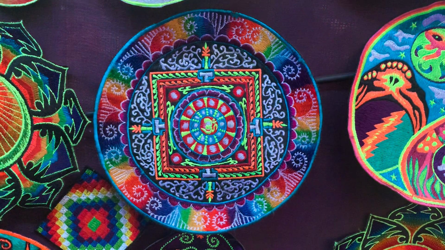 AUM Tankar Mandala Patch handmade Embroidery of Cosmic Music Goa Trance psychedelic Tankar blacklight glowing masterpiece Psytrance Art OM