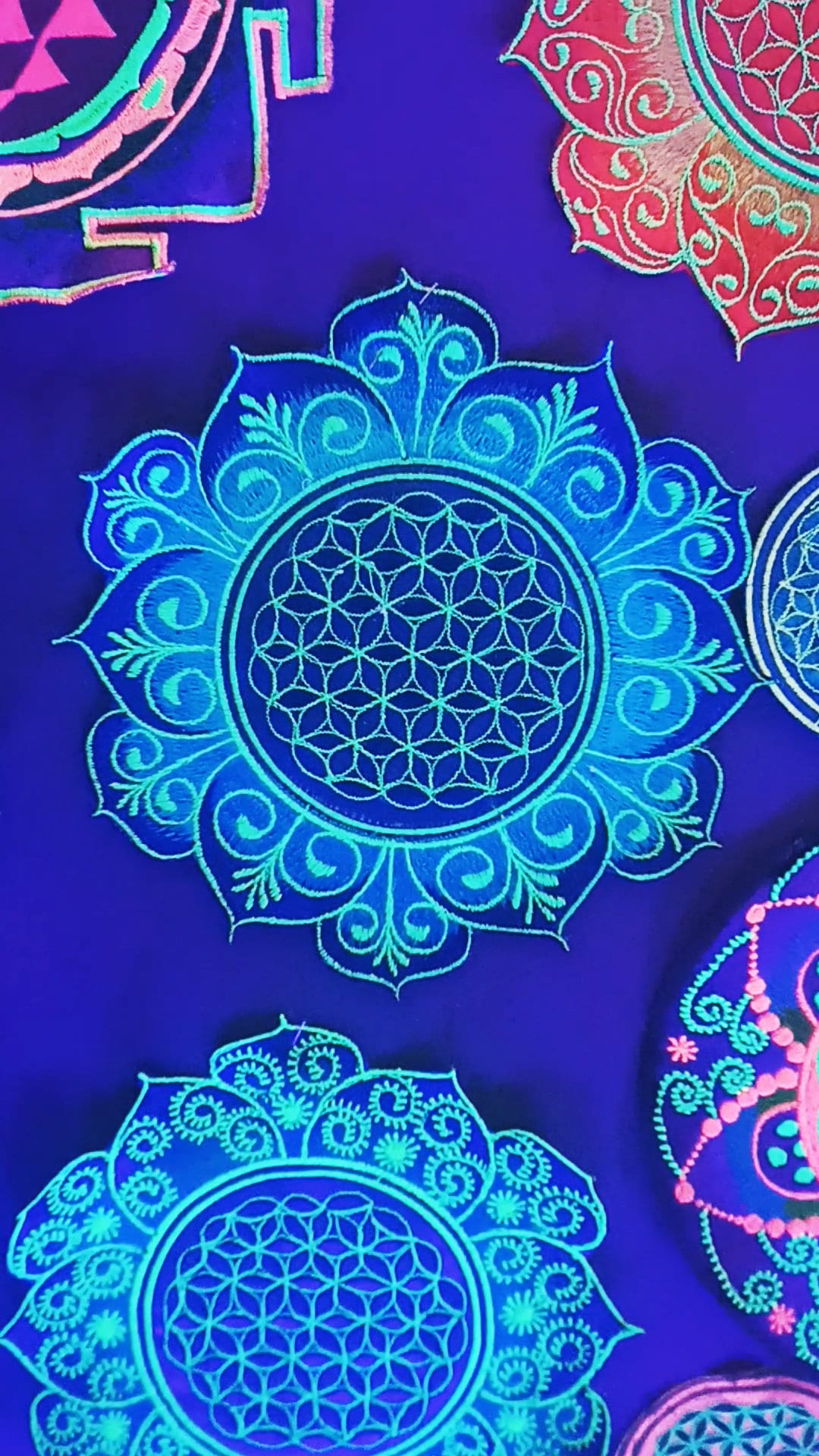 Blue Flower of Life embroidery patch for sew on - holy geometry sacred healing flower mandala