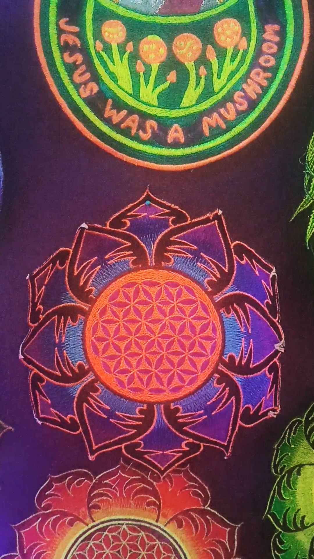 UV orange purple Flower of Life embroidery for sew on - holy geometry sacred blacklight glowing patch