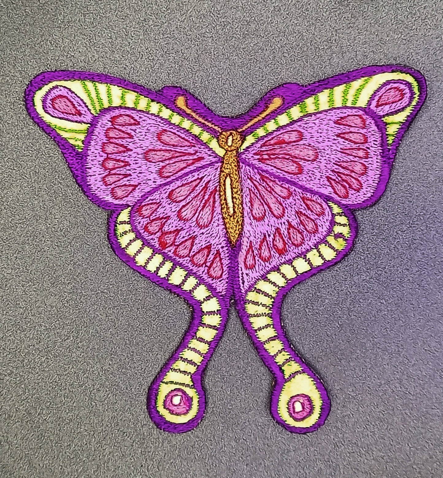 Purple UV glowing Butterfly embroidery patch Goa Trance beautiful Hippie Spirit Psytrance Art handmade blacklight UV shining for sew on