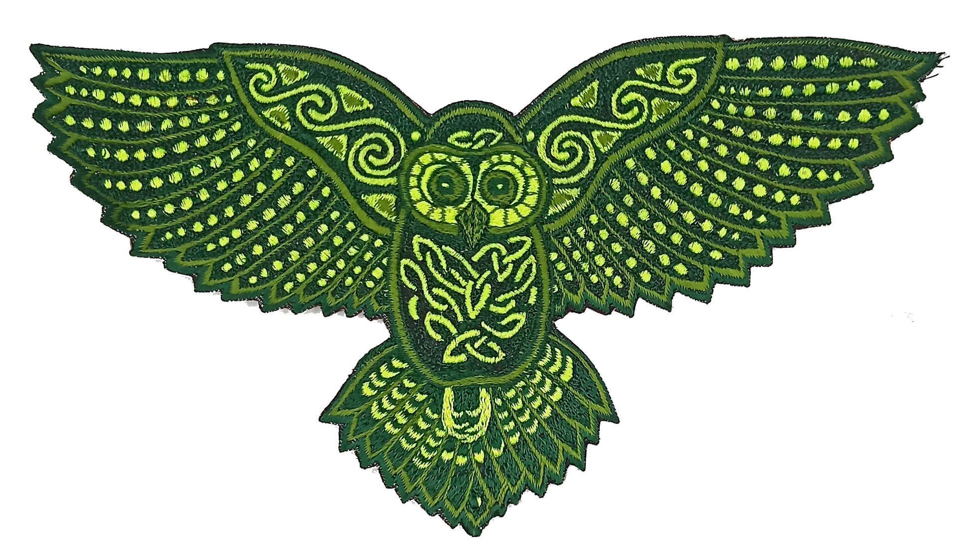 Celtic Owl Patch Embroidery with blacklight glowing UV colors - beautiful owl flies high and watches through the night of the magic forest