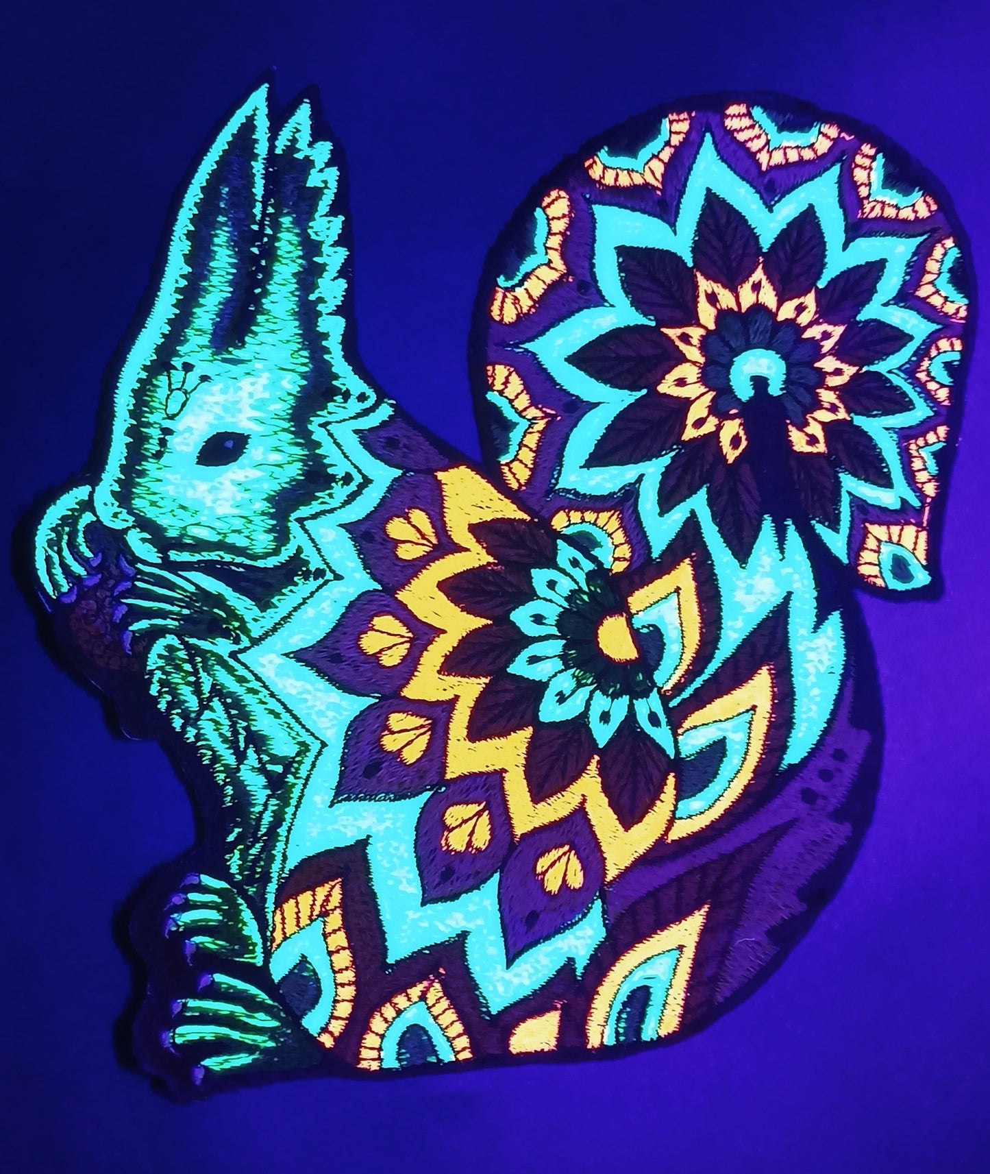 Psychedelic Squirrel UV Patch with blacklight glowing colors - Animal Embroidery neon shining beautiful and friendly spirit of the forest