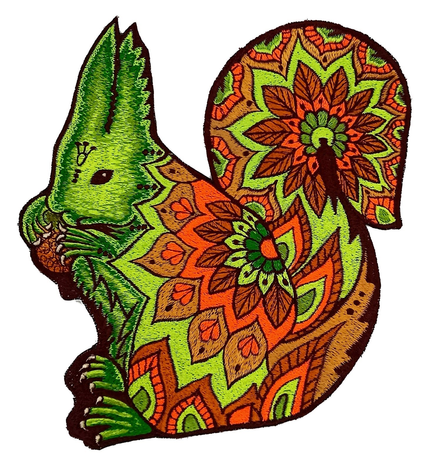 Psychedelic Squirrel UV Patch with blacklight glowing colors - Animal Embroidery neon shining beautiful and friendly spirit of the forest