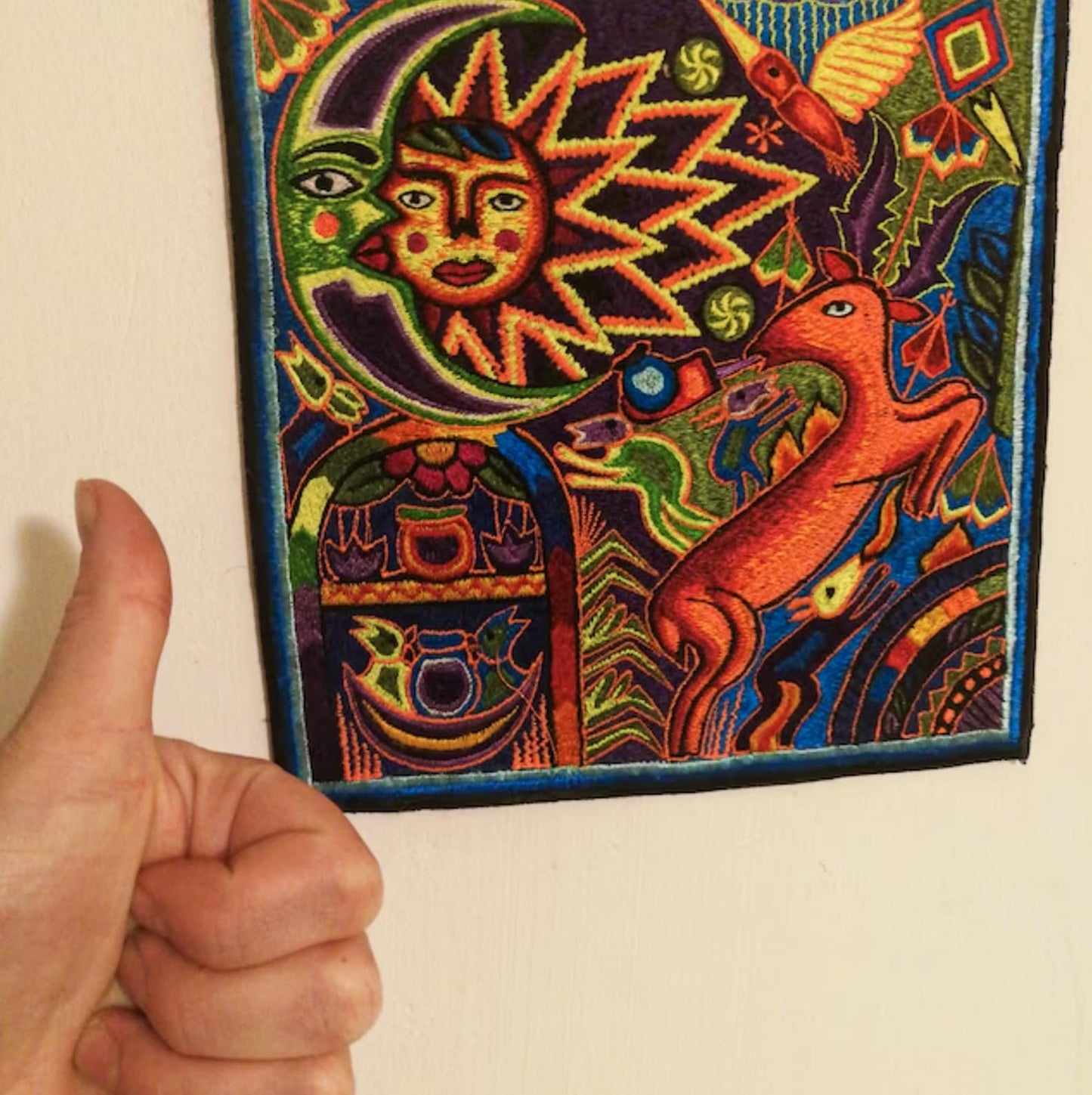 Huichol "Sun Deer" peyote embroidery patch shaman artwork mescaline blacklight glowing colors