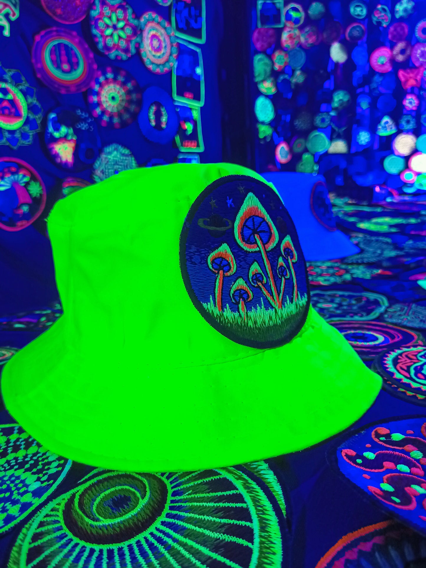 Magic Mushroom UV Yellow Fisherhat blacklight glowing hat with embroidery patch is a real eye catcher and shines beautifully Psytrance Gear