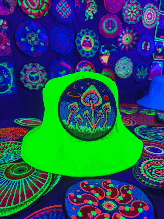 Magic Mushroom UV Yellow Fisherhat blacklight glowing hat with embroidery patch is a real eye catcher and shines beautifully Psytrance Gear