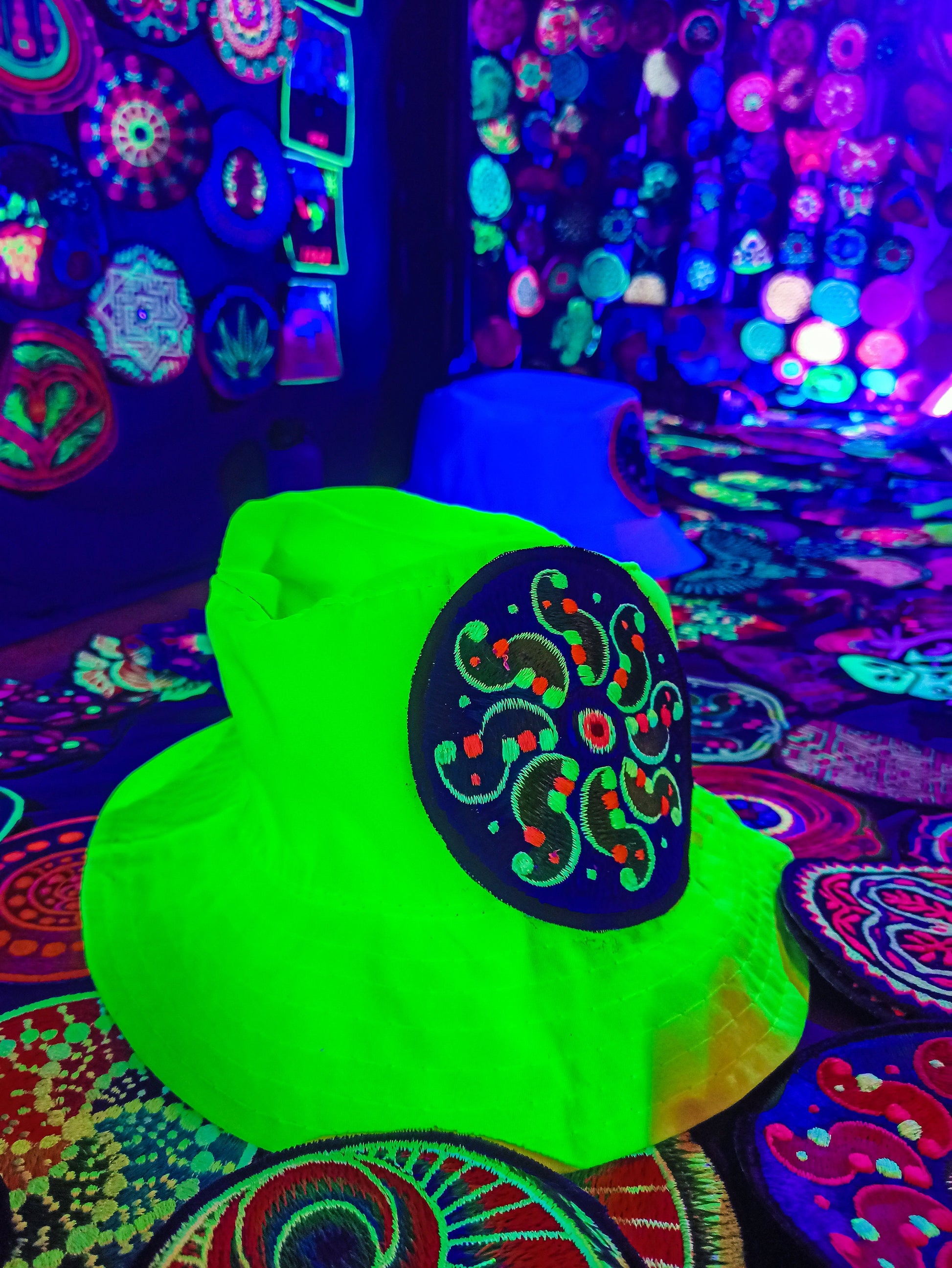 Tidcombe Crop Circle Fisher Hat UV blacklight glowing with embroidery patch sacred geometry alien art extraterrestrial beauty psychedelic