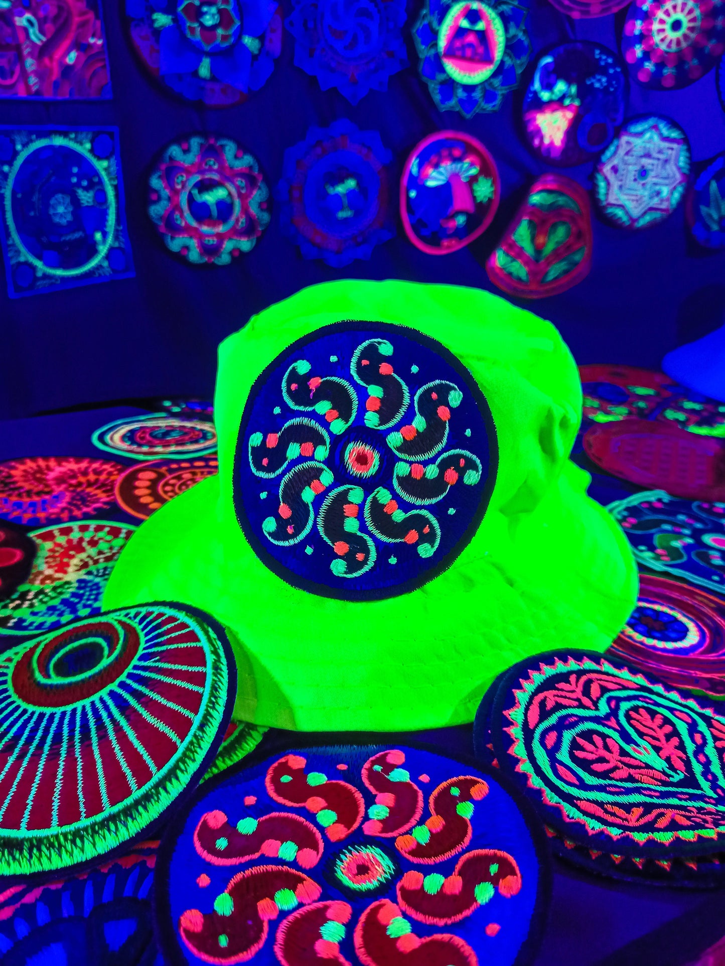 Tidcombe Crop Circle Fisher Hat UV blacklight glowing with embroidery patch sacred geometry alien art extraterrestrial beauty psychedelic
