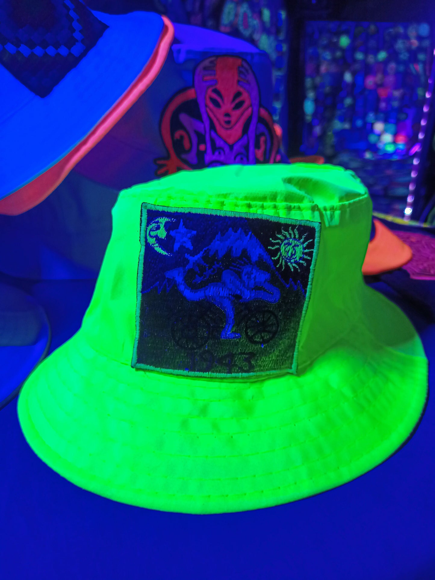 Bicycle Day LSD Fisher Hat UV blacklight glowing with embroidery patch Albert Hofmann vintage acid discovery psytrance psychedelic goatrance