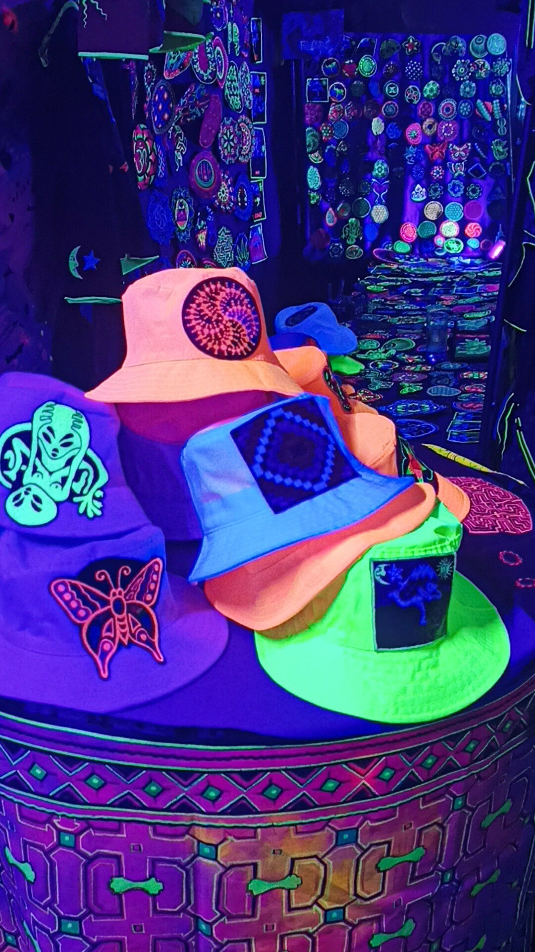 Bicycle Day LSD Fisher Hat UV blacklight glowing with embroidery patch Albert Hofmann vintage acid discovery psytrance psychedelic goatrance
