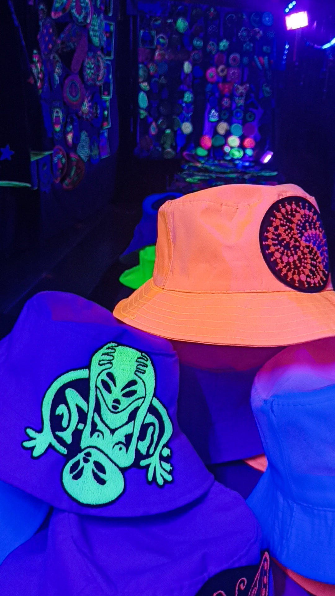 Alien Love UV Purple Fisher Hat blacklight glowing with embroidery patch psychedelic trance goatrance hippie fisherhat Funny Goa Gear
